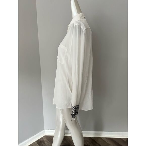 NWT Burberry Button Front Crystal Fringe Cuff Long Sleeve Silk Blouse Ivory Sz 6 - Picture 8 of 14